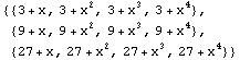 {{3 + x, 3 + x^2, 3 + x^3, 3 + x^4}, {9 + x, 9 + x^2, 9 + x^3, 9 + x^4}, {27 + x, 27 + x^2, 27 + x^3, 27 + x^4}}
