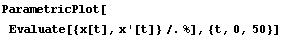 ParametricPlot[Evaluate[{x[t], x '[t]}/.%], {t, 0, 50}]