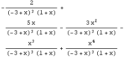 -2/((-3 + x)^3 (1 + x)) + (5 x)/((-3 + x)^3 (1 + x)) - (3 x^2)/((-3 + x)^3 (1 + x)) - x^3/((-3 + x)^3 (1 + x)) + x^4/((-3 + x)^3 (1 + x))
